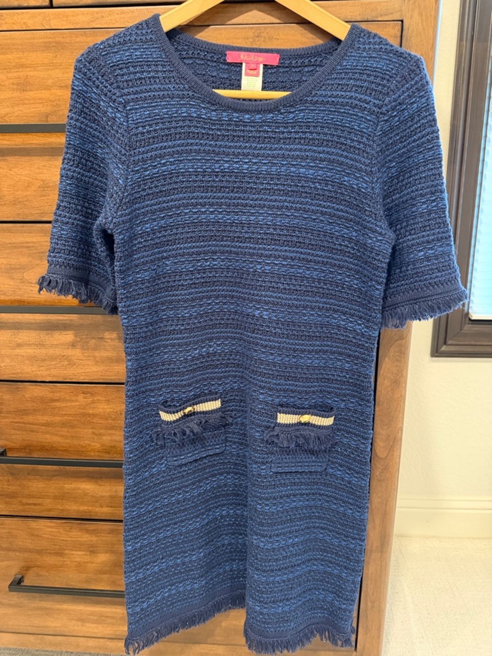 Lilly Pulitzer Navy Knit Sweater Dress with Gold Trim and Logo Button